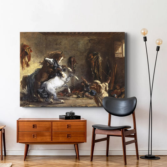 Cavalli arabi che combattono in una tela stabile - Eugène Delacroix